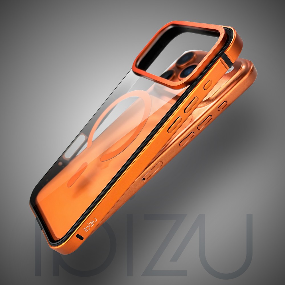 Etui do iPhone 17 Pro Max IBIZU Elite Skin z MagSafe, krystalicznie czyste z metalową ramką, pomarańczowe Artboard 2