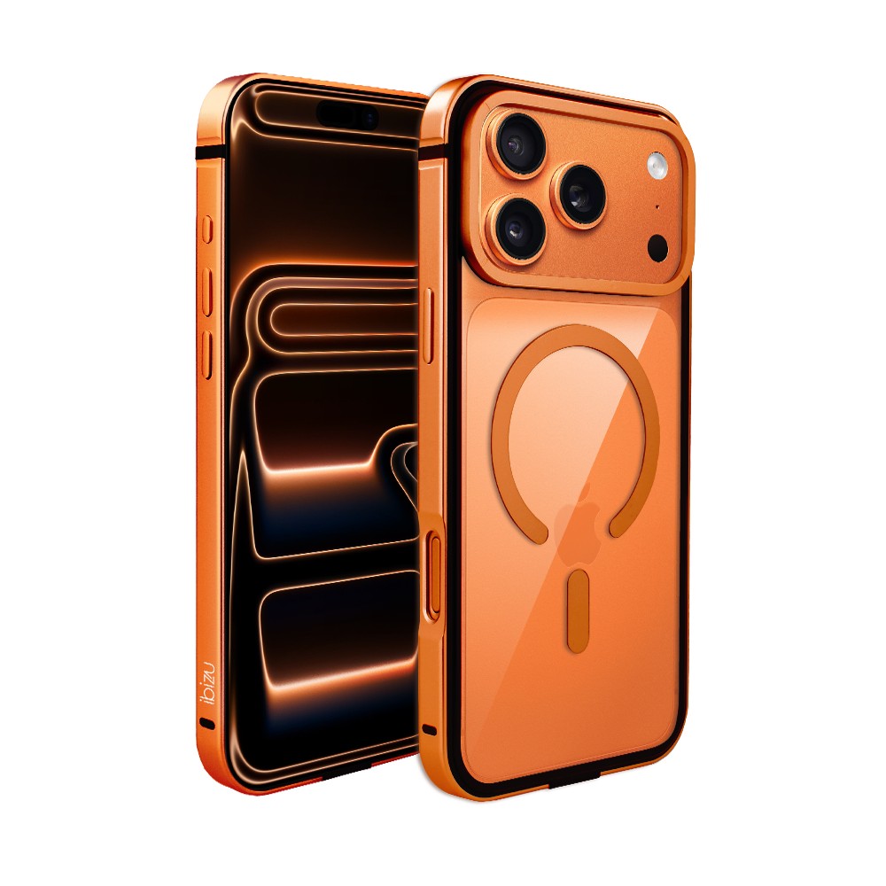 Etui do iPhone 17 Pro Max IBIZU Elite Skin z MagSafe, krystalicznie czyste z metalową ramką, pomarańczowe Obszar kompozycji 1