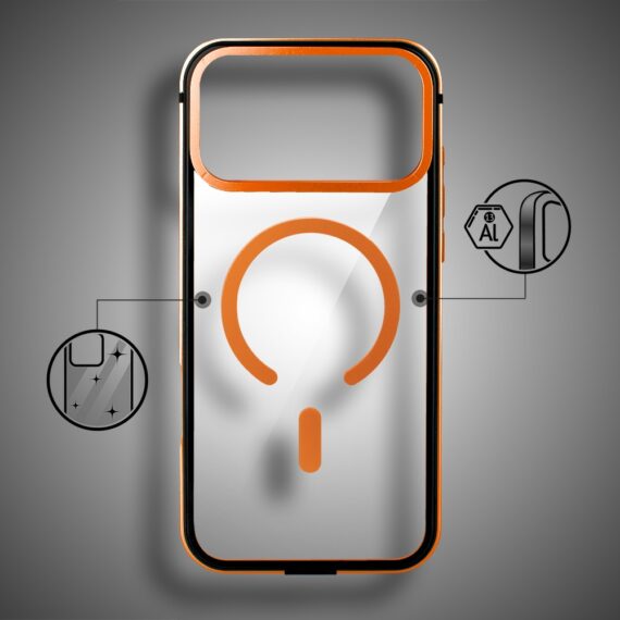 Etui do iPhone 17 Pro Max IBIZU Elite Skin z MagSafe, krystalicznie czyste z metalową ramką, pomarańczowe Obszar kompozycji 2 Etui do iPhone 17 Pro Max IBIZU Elite Skin z MagSafe, krystalicznie czyste z metalową ramką, pomarańczowe Obszar kompozycji 2