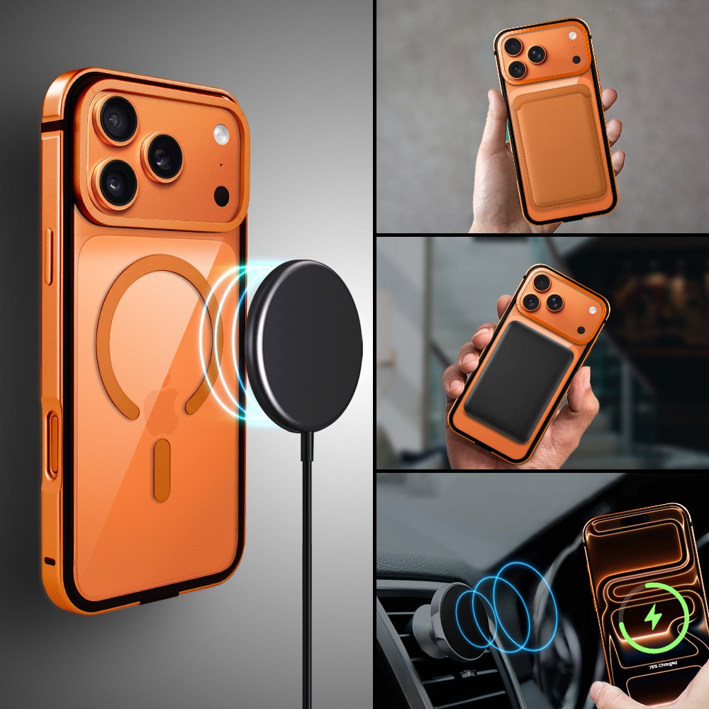 Etui do iPhone 17 Pro Max IBIZU Elite Skin z MagSafe, krystalicznie czyste z metalową ramką, pomarańczowe Obszar kompozycji 3