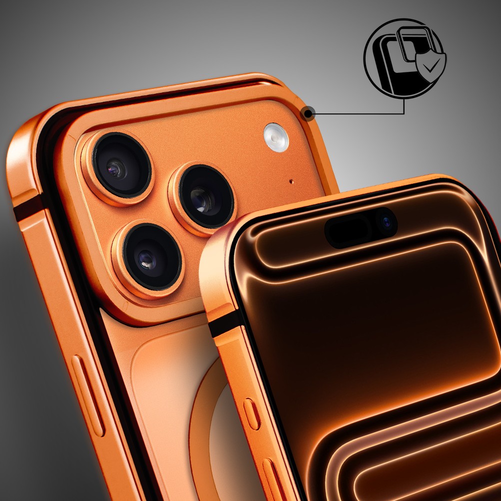 Etui do iPhone 17 Pro Max IBIZU Elite Skin z MagSafe, krystalicznie czyste z metalową ramką, pomarańczowe Obszar kompozycji 5