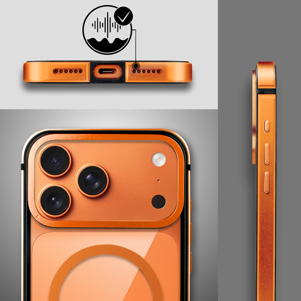 Etui do iPhone 17 Pro Max IBIZU Elite Skin z MagSafe, krystalicznie czyste z metalową ramką, pomarańczowe Obszar kompozycji 6