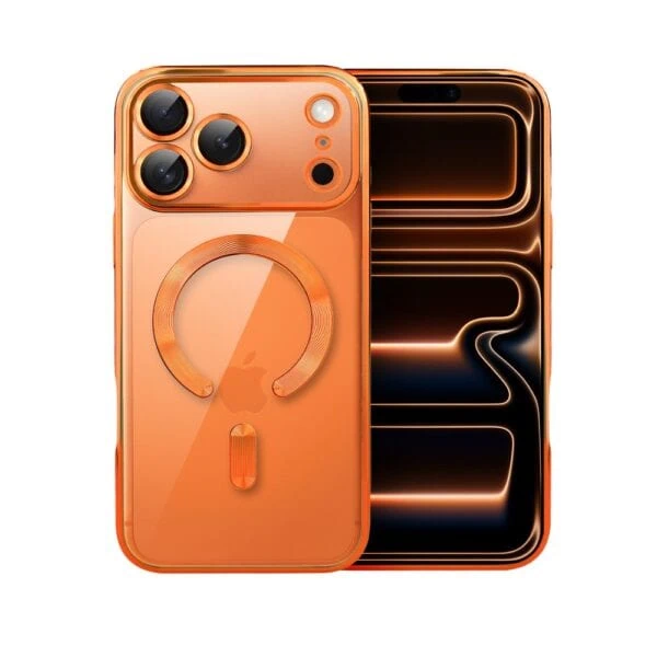 Etui do iPhone 17 Pro MagSafe Luxury Protect przeźroczyste, hybrydowa ochrona kamery, pomarańczowe