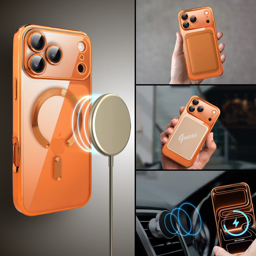 Etui do iPhone 17 Pro Max MagSafe Luxury Protect przeźroczyste, hybrydowa ochrona kamery, pomarańczowe Obszar kompozycji 3