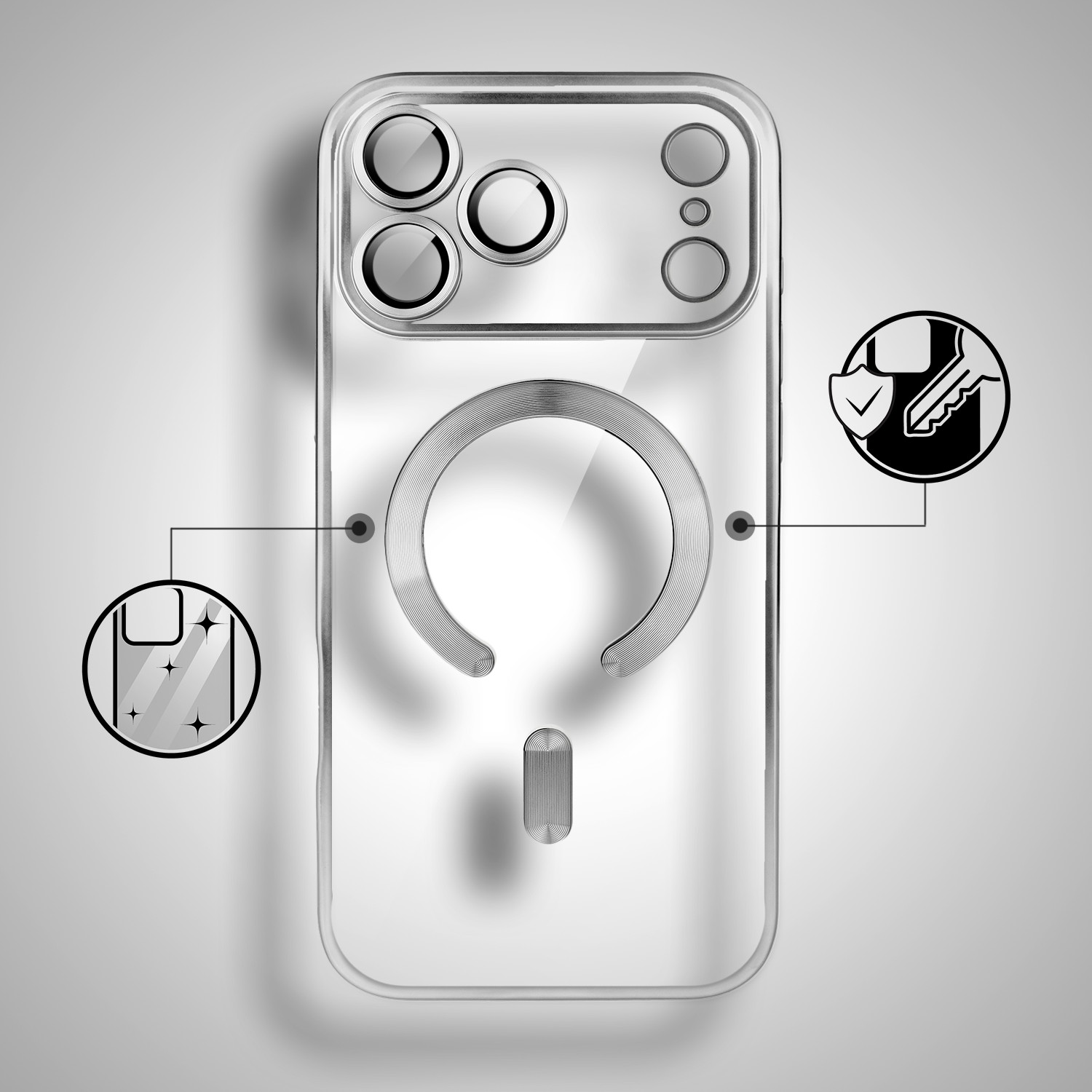 Etui do iPhone 17 Pro Max MagSafe Luxury Protect przeźroczyste, z osłoną aparatu, Titanium Finish, srebrne Obszar kompozycji 2