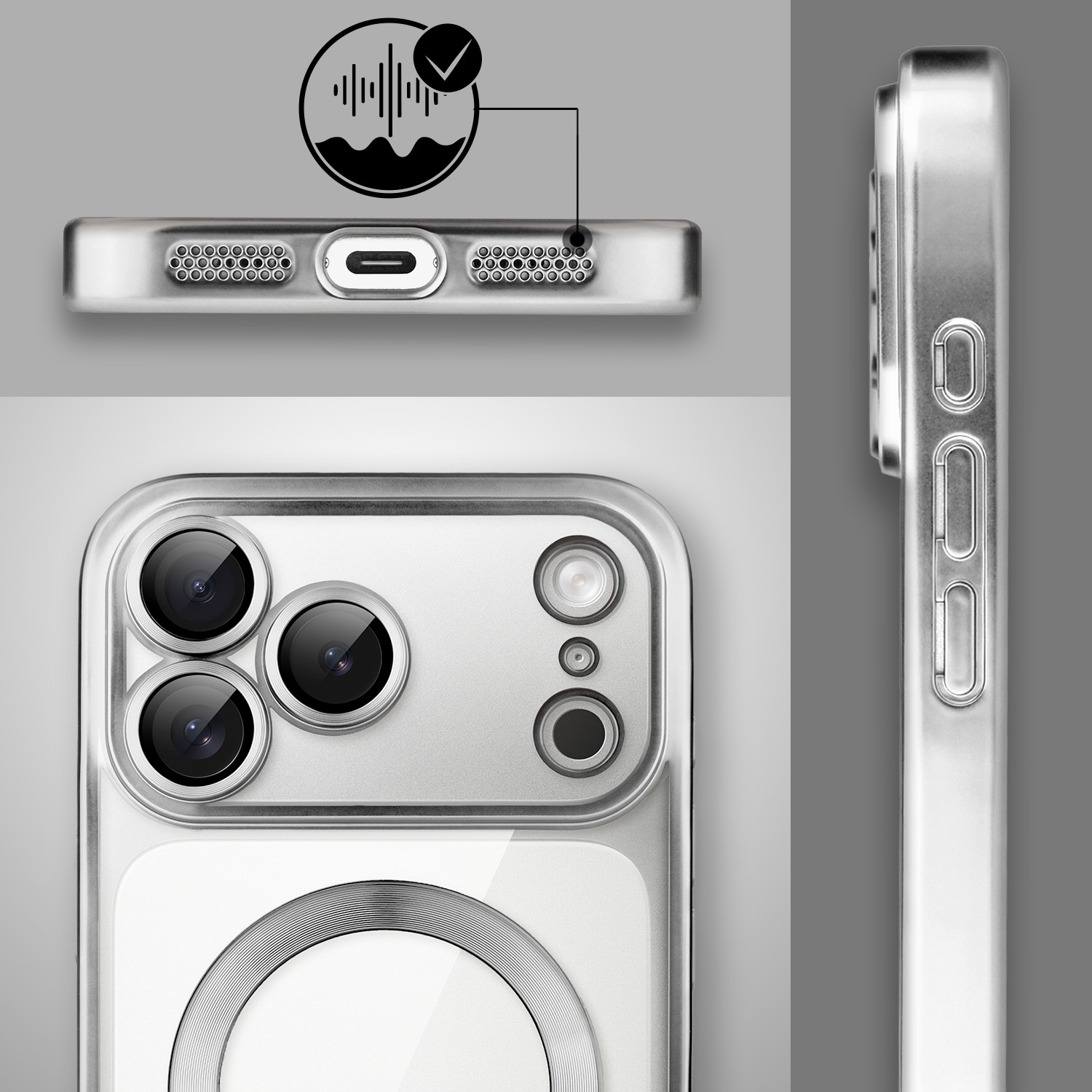 Etui do iPhone 17 Pro Max MagSafe Luxury Protect przeźroczyste, z osłoną aparatu, Titanium Finish, srebrne Obszar kompozycji 6