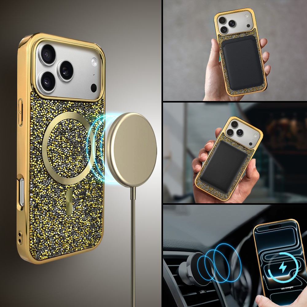 Etui do iPhone 17 Pro Max Magsafe Tresury Case, diamentowe, z błyszczącą ramką, złoteObszar kompozycji 3