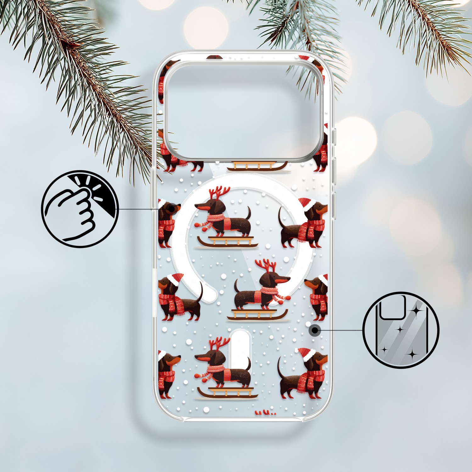 Etui do iPhone 17 Pro Max z MagSafe, Przytulne święta, Jamniki na saniach, przeźroczyste 17 Pro i Pro Max-1