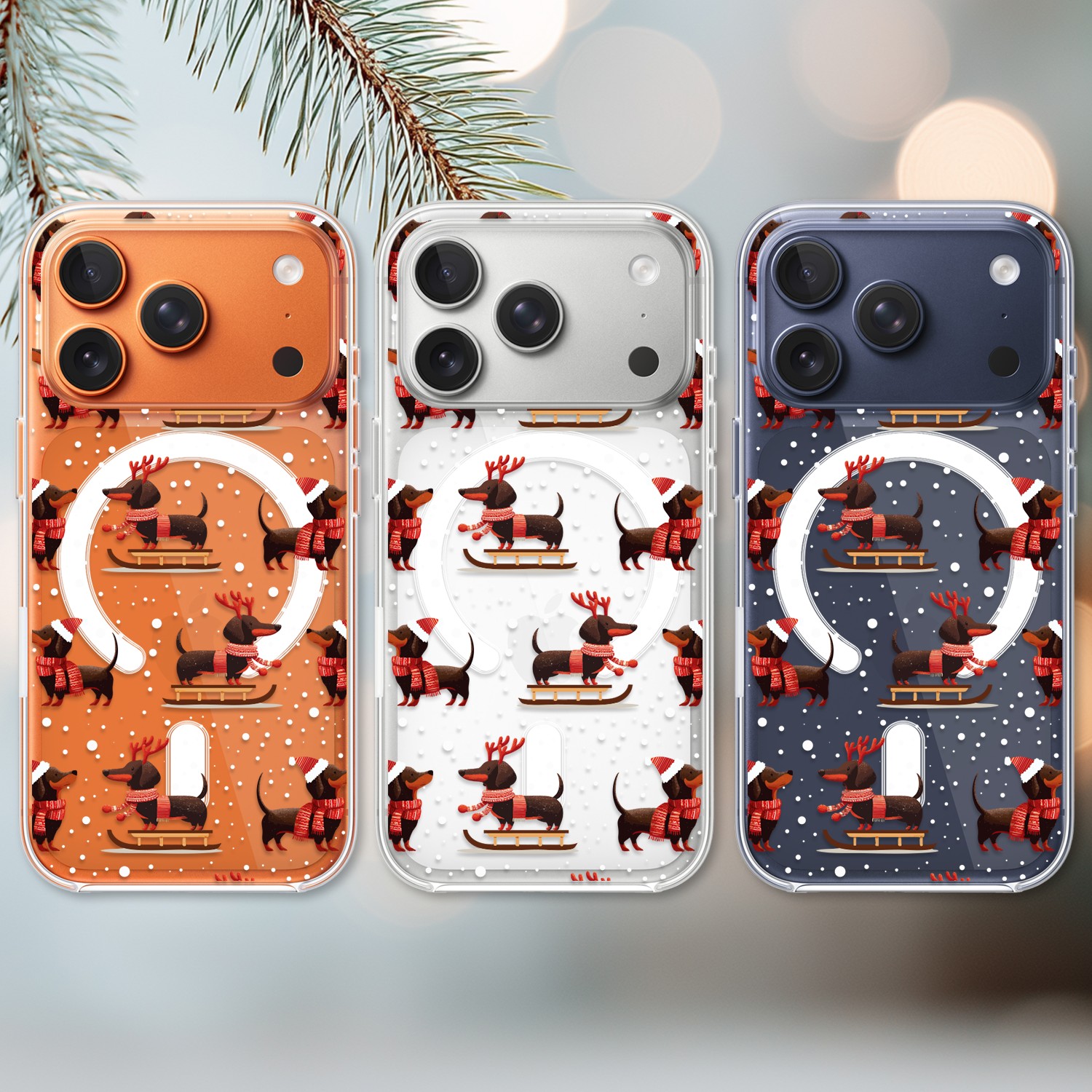 Etui do iPhone 17 Pro Max z MagSafe, Przytulne święta, Jamniki na saniach, przeźroczyste 17 Pro i Pro Max-2