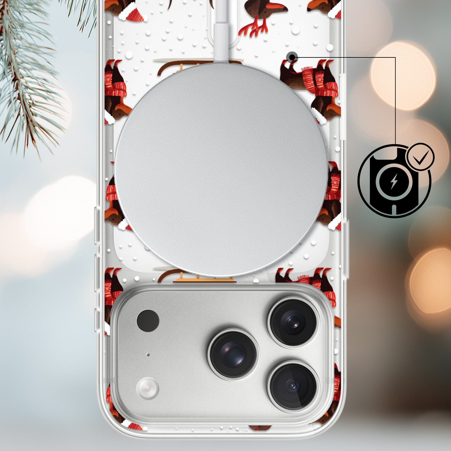 Etui do iPhone 17 Pro Max z MagSafe, Przytulne święta, Jamniki na saniach, przeźroczyste 17 Pro i Pro Max-3