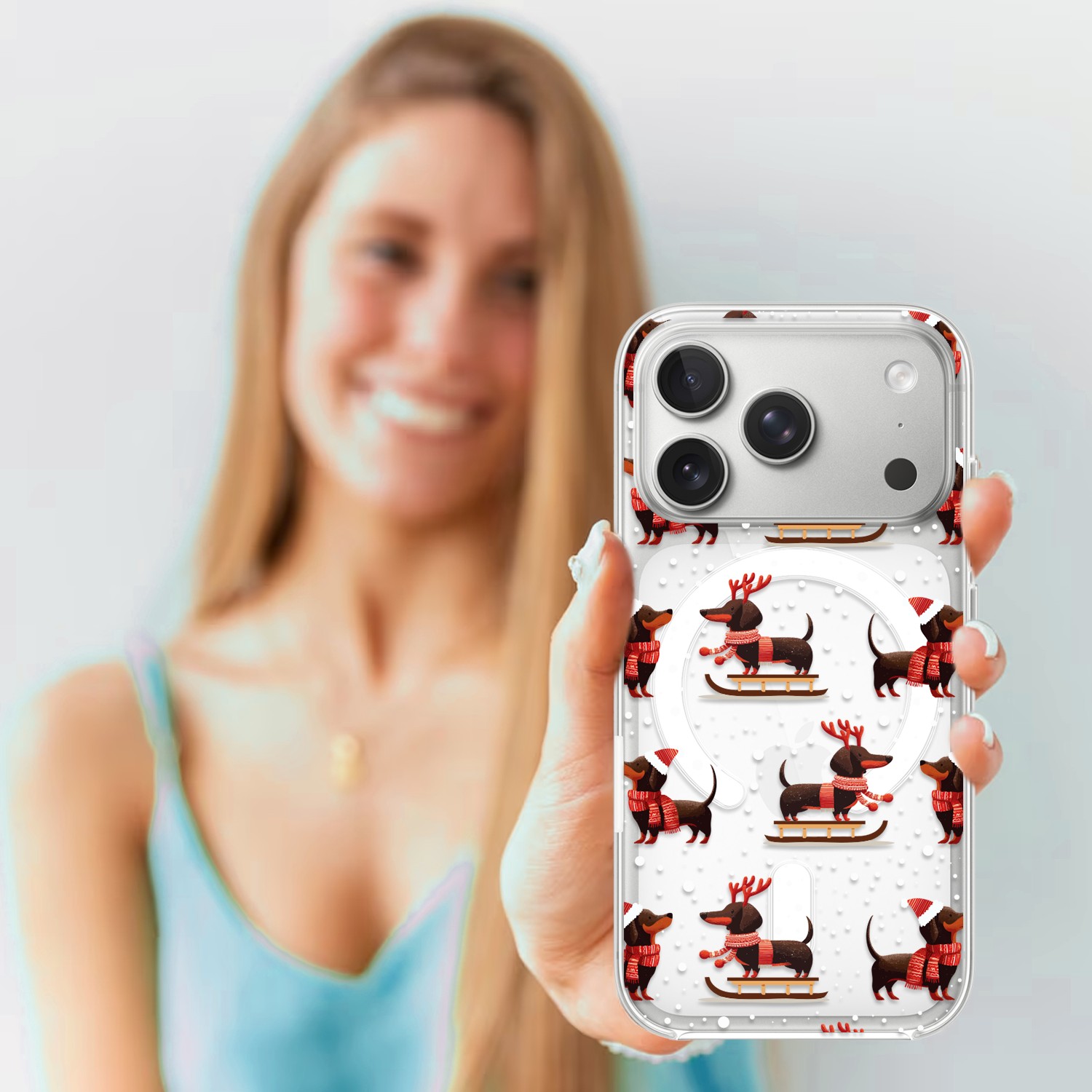 Etui do iPhone 17 Pro Max z MagSafe, Przytulne święta, Jamniki na saniach, przeźroczyste 17 Pro i Pro Max-4