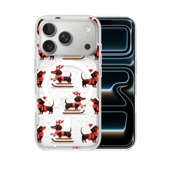 Etui do iPhone 17 Pro Max z MagSafe, Przytulne święta, Jamniki na saniach, przeźroczyste 17 Pro i Pro Max