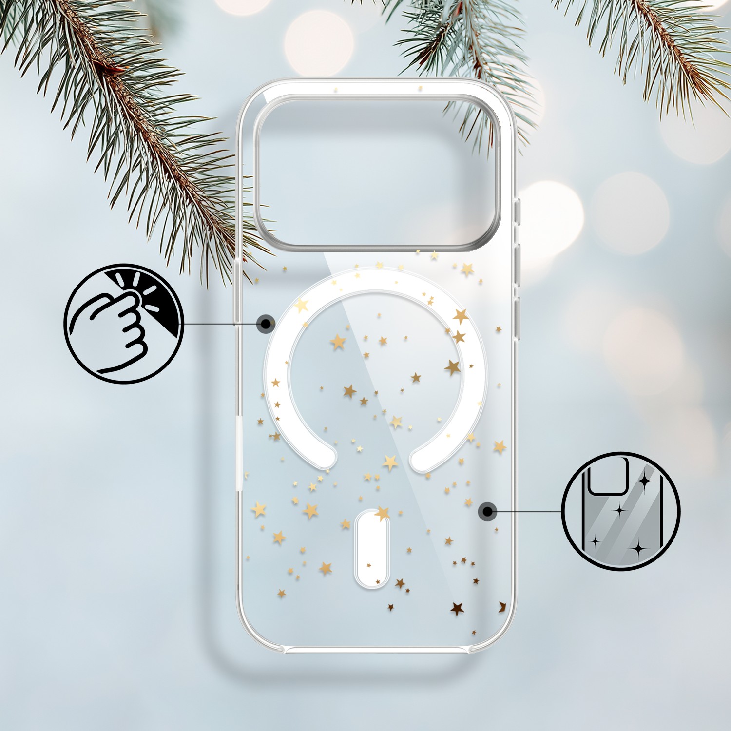 Etui do iPhone 17 Pro Max z MagSafe, Zimowa Magia, Złote gwiazdki, przeźroczyste 17 Pro i Pro Max-1