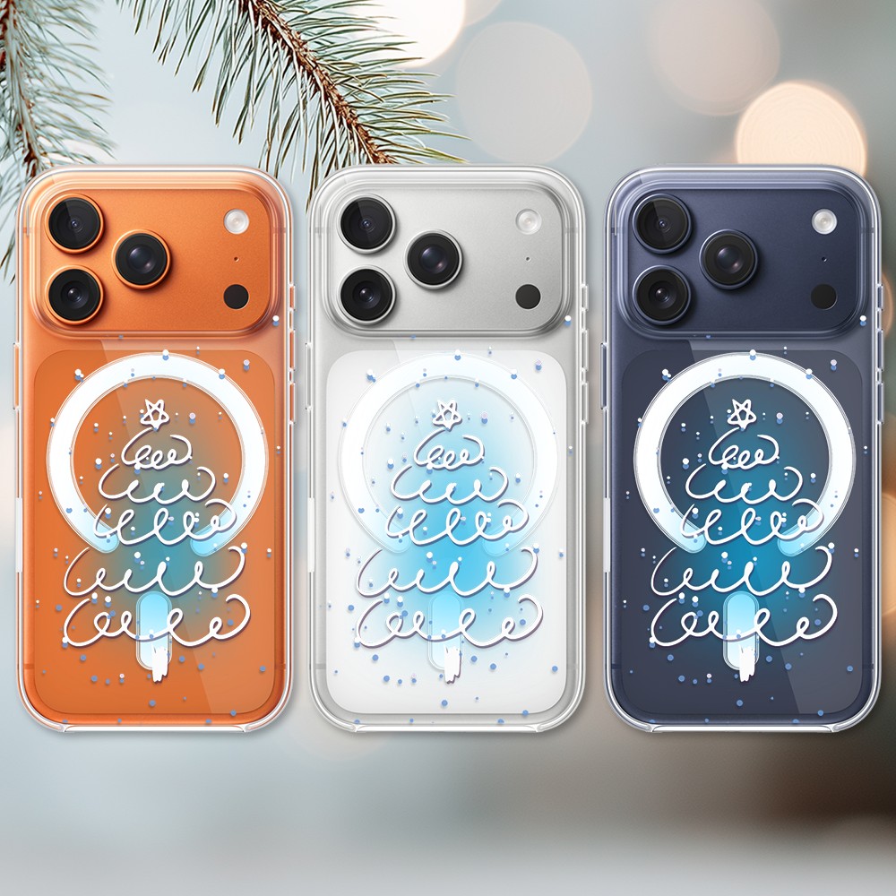 Etui do iPhone 17 Pro Max z MagSafe, malowana choinka na niebieskim świetle, przeźroczyste2