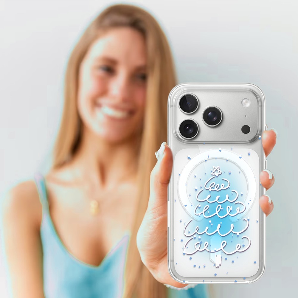 Etui do iPhone 17 Pro Max z MagSafe, malowana choinka na niebieskim świetle, przeźroczyste4