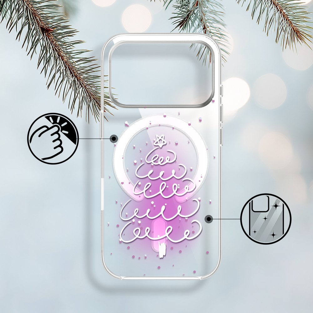 Etui do iPhone 17 Pro Max z MagSafe, malowana choinka na różowym świetle, przeźroczyste1