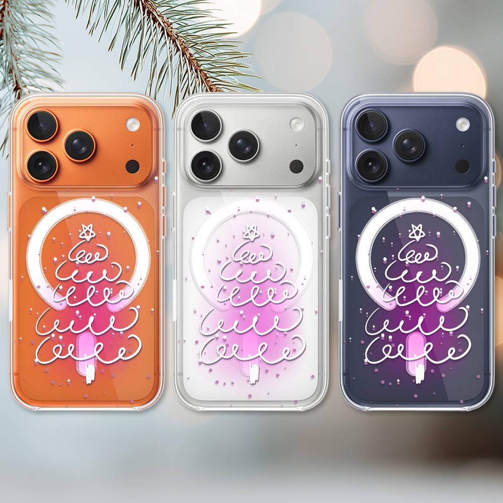 Etui do iPhone 17 Pro Max z MagSafe, malowana choinka na różowym świetle, przeźroczyste2