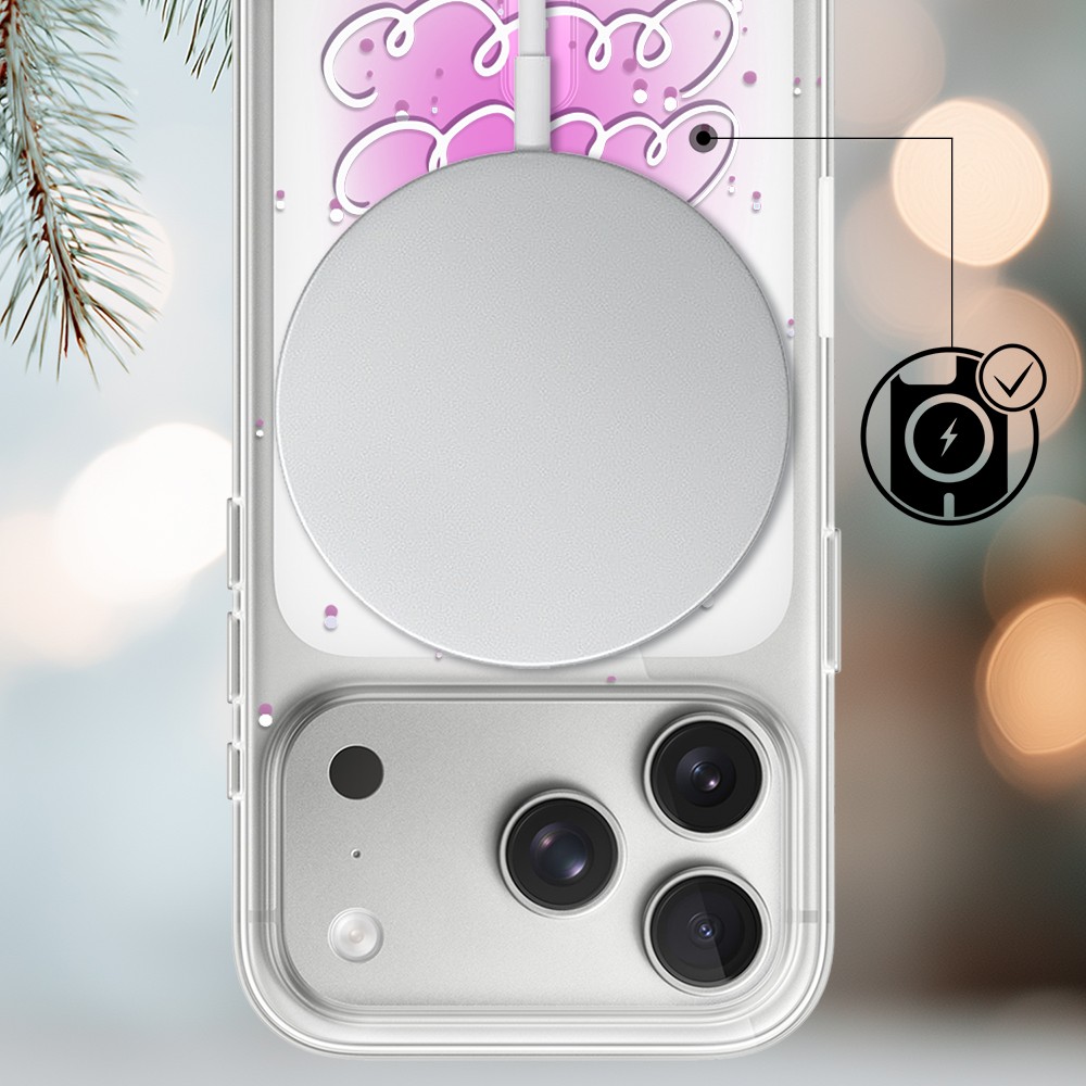 Etui do iPhone 17 Pro Max z MagSafe, malowana choinka na różowym świetle, przeźroczyste3