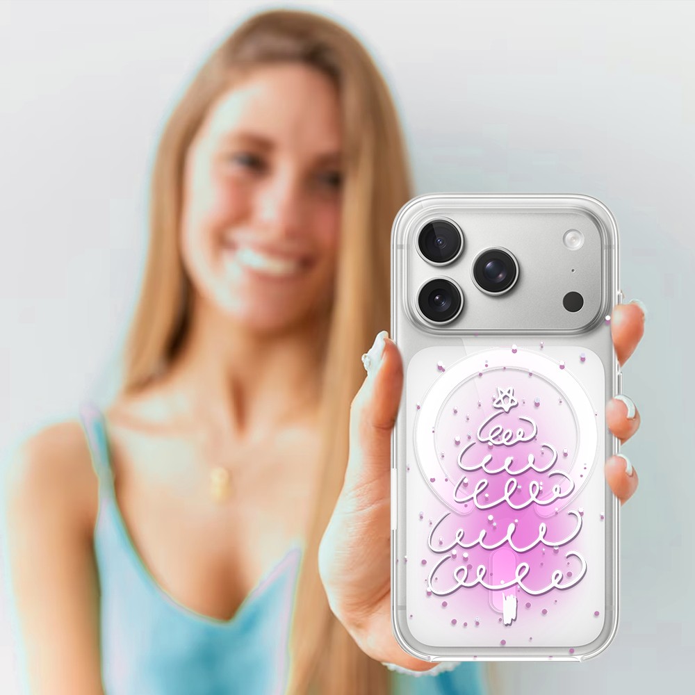 Etui do iPhone 17 Pro Max z MagSafe, malowana choinka na różowym świetle, przeźroczyste4