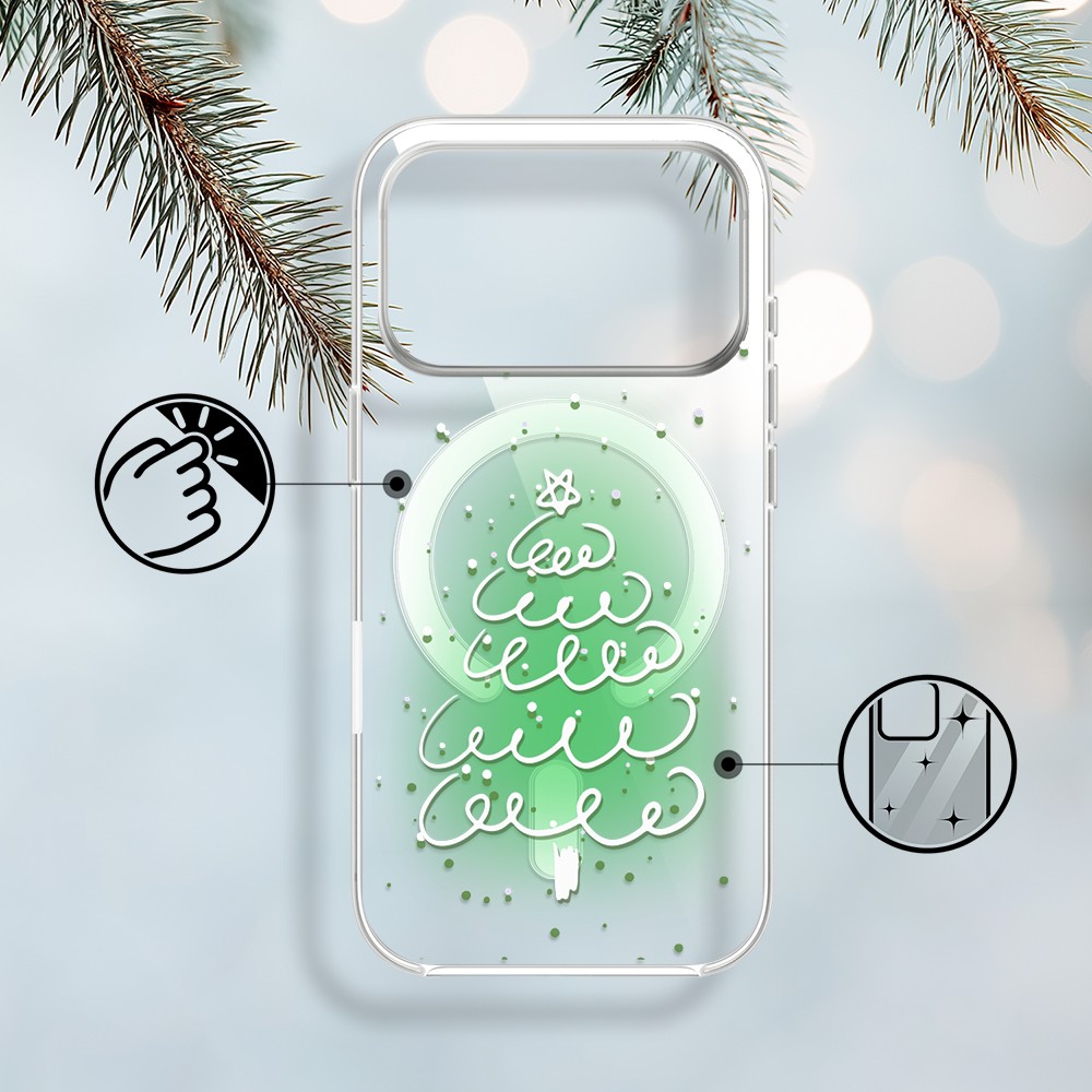 Etui do iPhone 17 Pro Max z MagSafe, malowana choinka na zielonym świetle, przeźroczyste1