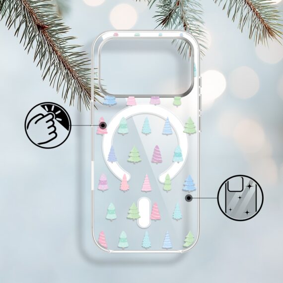 Etui do iPhone 17 Pro Max z MagSafe, pastelowe choinki, święta, przeźroczyste1