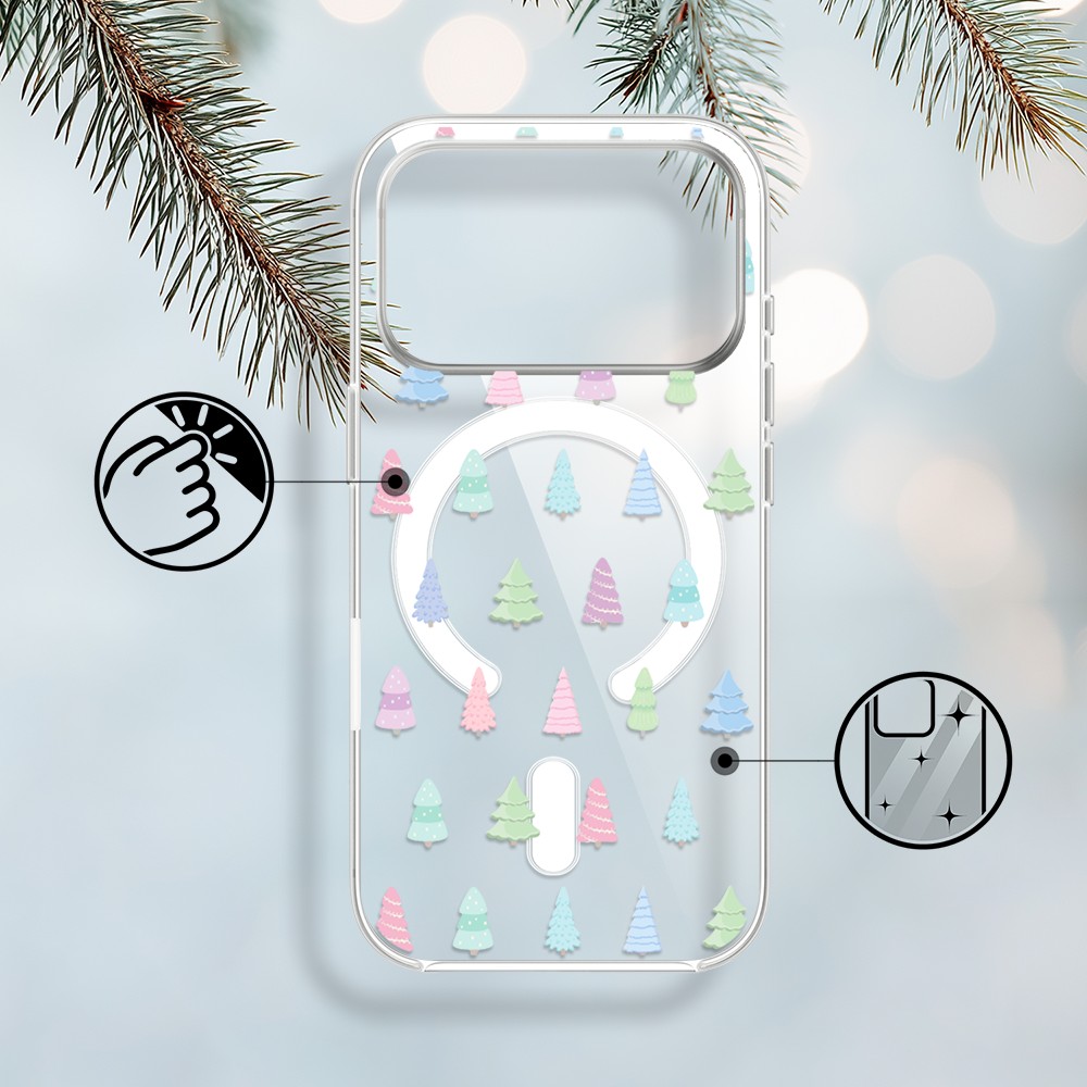 Etui do iPhone 17 Pro Max z MagSafe, pastelowe choinki, święta, przeźroczyste1