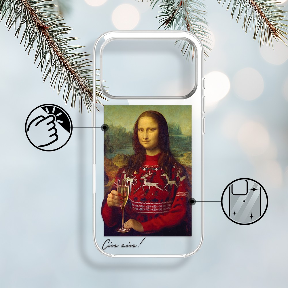 Etui do iPhone 17 Pro Max z MagSafe, świąteczna Mona Lisa z szampanem, przeźroczyste1