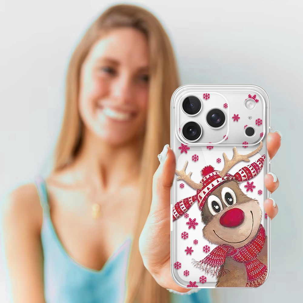 Etui do iPhone 17 Pro, Merry Christmas świąteczny nadruk, renifer, przeźroczyste (2)