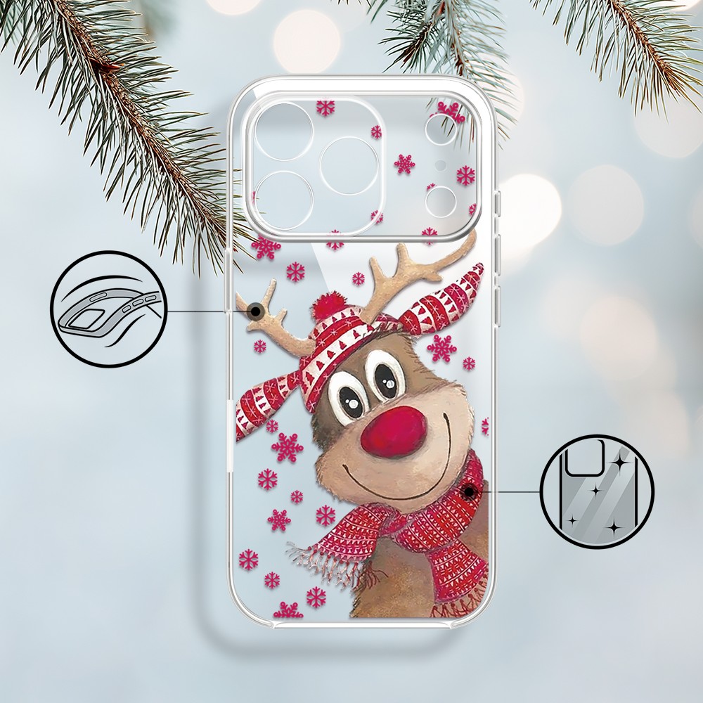 Etui do iPhone 17 Pro, Merry Christmas świąteczny nadruk, renifer, przeźroczyste (5)
