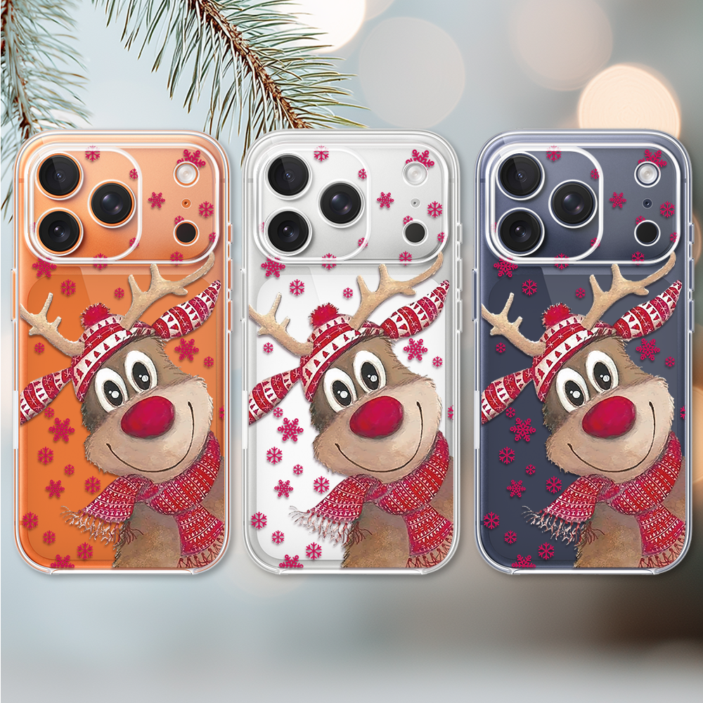 Etui do iPhone 17 Pro, Merry Christmas świąteczny nadruk, renifer, przeźroczyste (6)