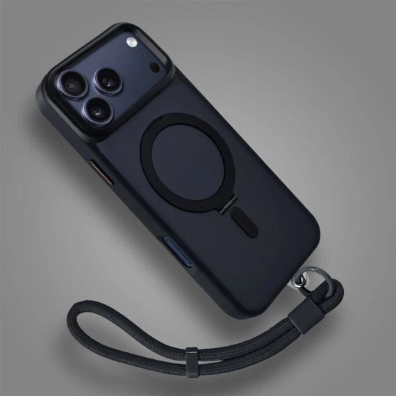 Etui do iPhone 17 Pro Metal Cam MagSafe Stand z podstawką, twarde, półprzeźroczyste, czarne (5)