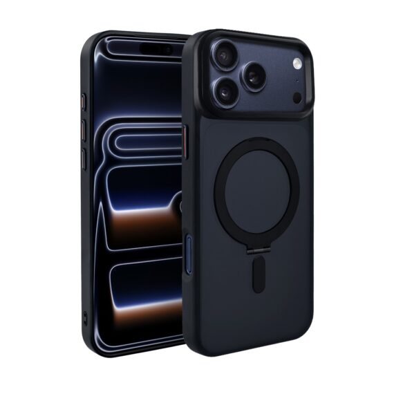 Etui do iPhone 17 Pro Metal Cam MagSafe Stand z podstawką, twarde, półprzeźroczyste, czarne (6)