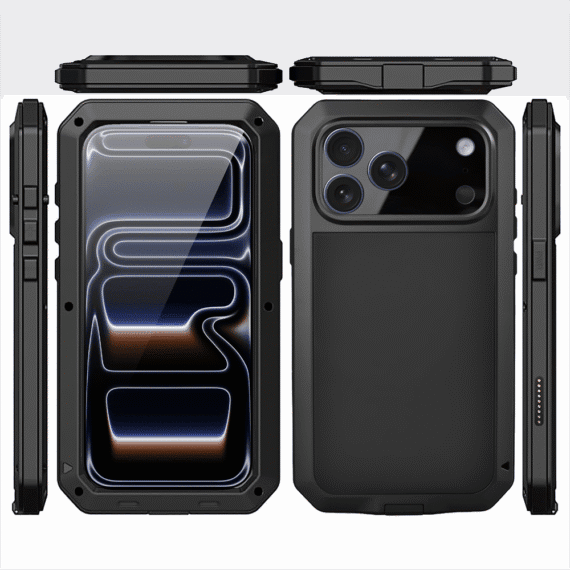 Etui do iPhone 17 Pro Panzer Max, metalowa, skręcana, pancerna obudowa przód+tył, czarne (4)