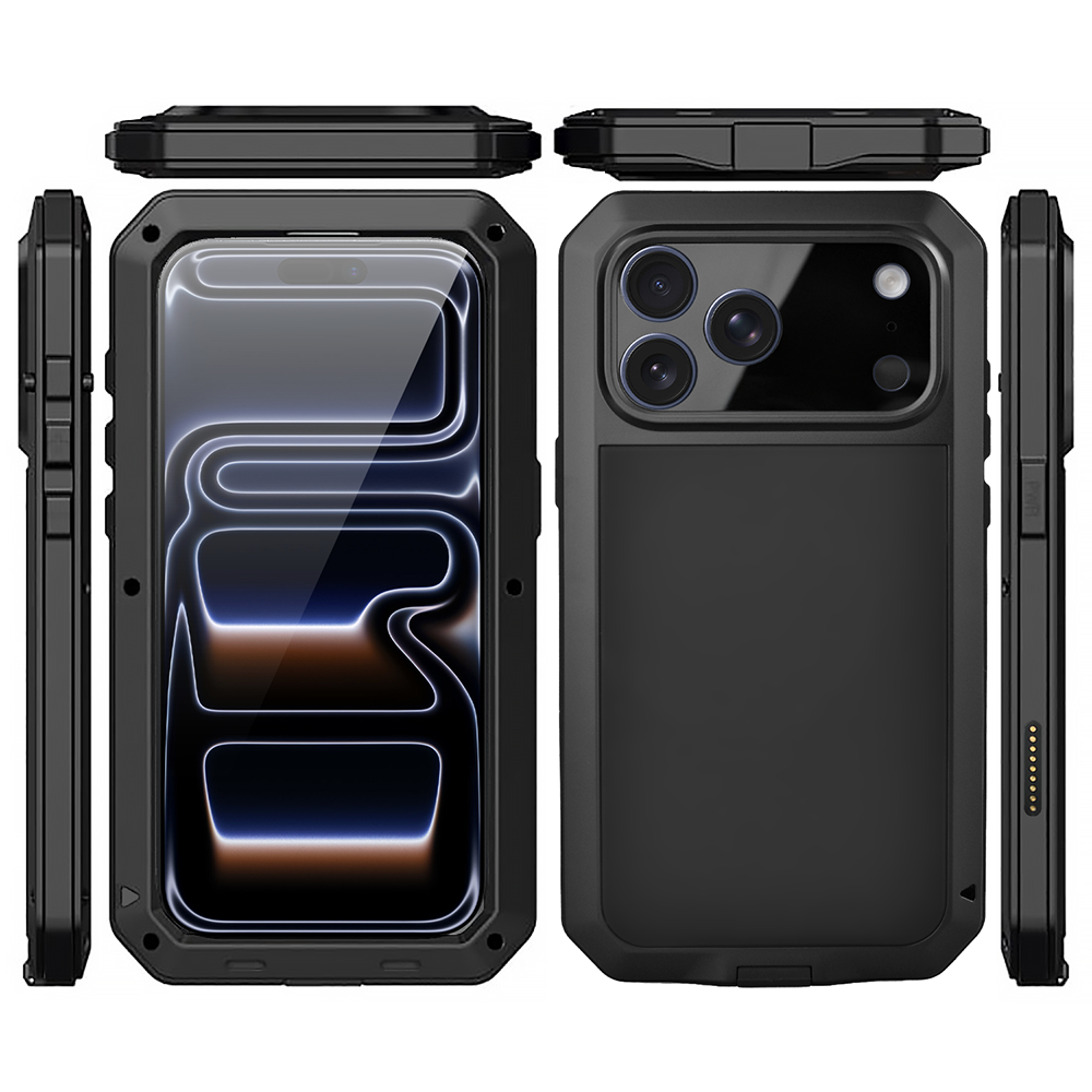 Etui do iPhone 17 Pro Panzer Max, metalowa, skręcana, pancerna obudowa przód+tył, czarne (4)