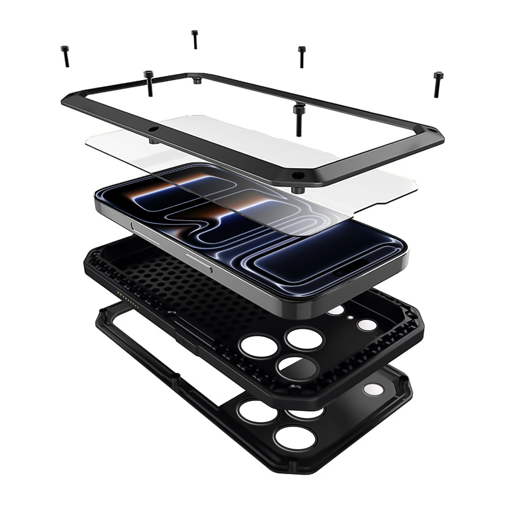 Etui do iPhone 17 Pro Panzer Max, metalowa, skręcana, pancerna obudowa przód+tył, czarne (5)