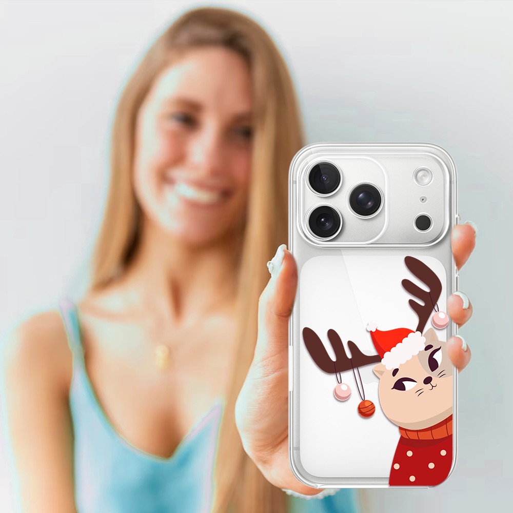 Etui do iPhone 17 Pro, kotek przebrany za reniferka, przeźroczyste (2)