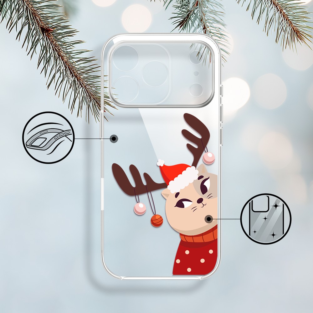 Etui do iPhone 17 Pro, kotek przebrany za reniferka, przeźroczyste (5)