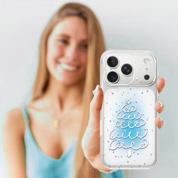 Etui do iPhone 17 Pro, malowana choinka na niebieskim świetle, przeźroczyste (2)