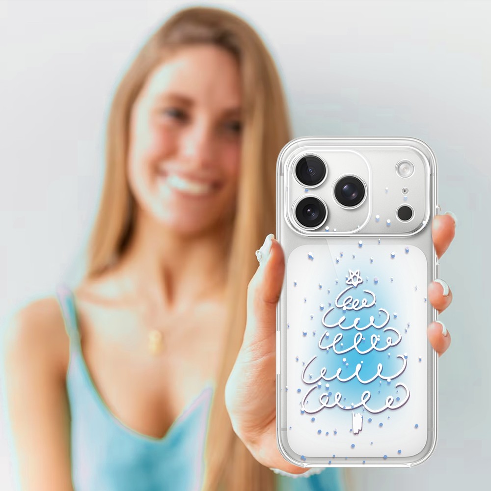 Etui do iPhone 17 Pro, malowana choinka na niebieskim świetle, przeźroczyste (2)