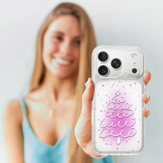Etui do iPhone 17 Pro, malowana choinka na różowym świetle, przeźroczyste (2)