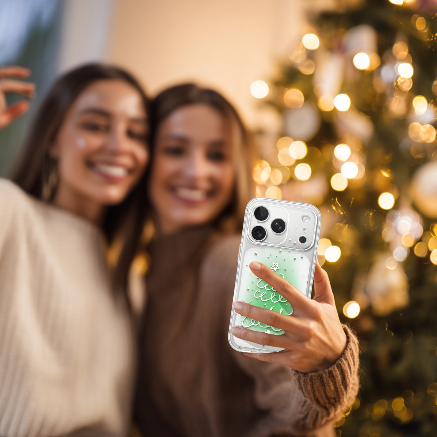 Etui do iPhone 17 Pro, malowana choinka na zielonym świetle, przeźroczyste (3)
