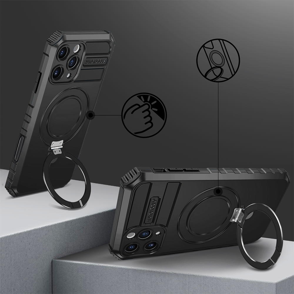 Etui do iPhone 17 Pro, pancerne, z osłoną aparatu i metalową podstawką MagSafe, czarne (2)