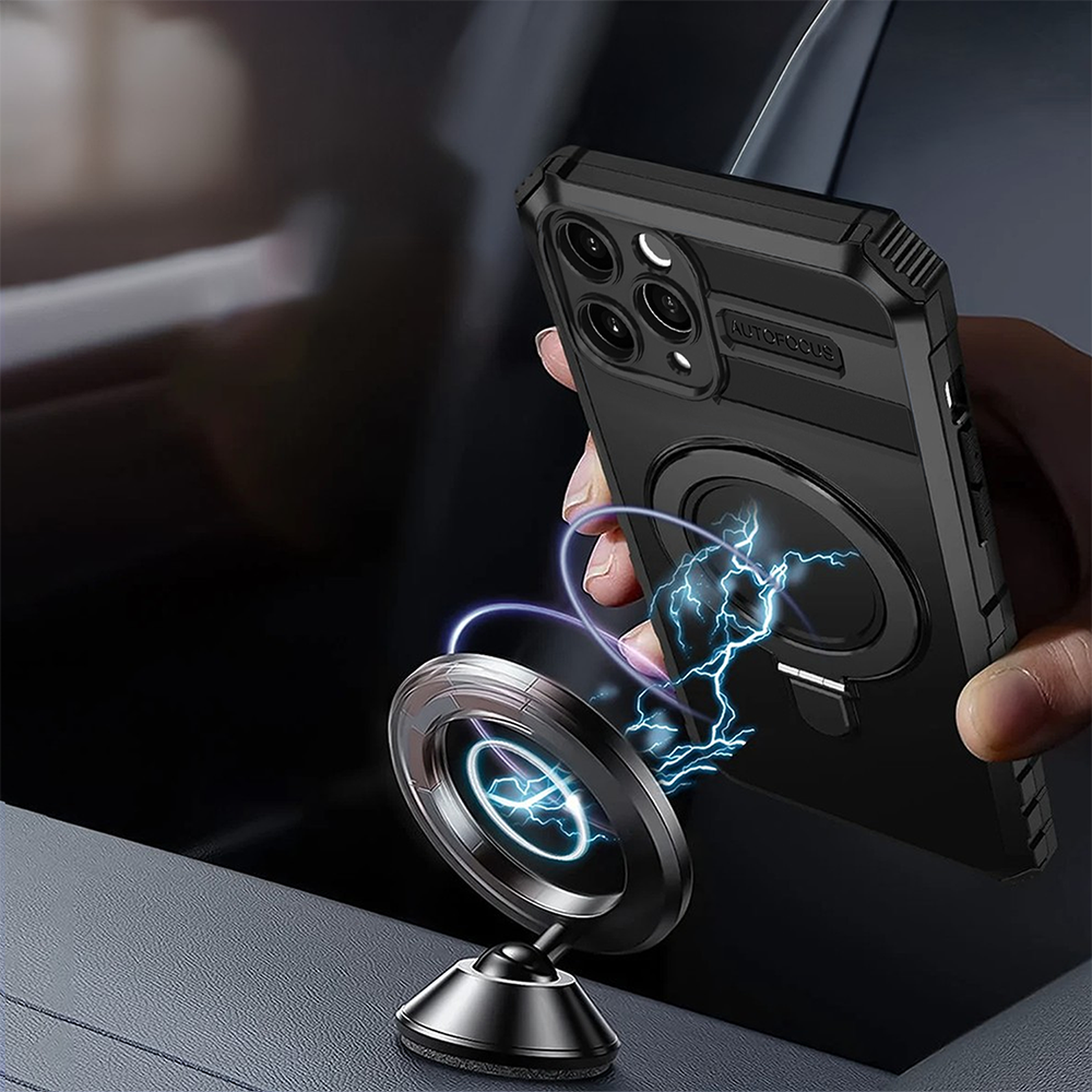 Etui do iPhone 17 Pro, pancerne, z osłoną aparatu i metalową podstawką MagSafe, czarne (3)