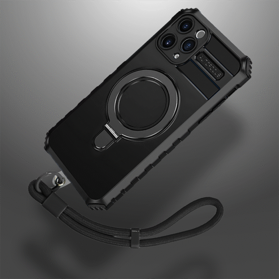 Etui do iPhone 17 Pro, pancerne, z osłoną aparatu i metalową podstawką MagSafe, czarne (5)