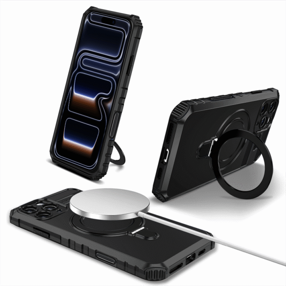 Etui do iPhone 17 Pro, pancerne, z osłoną aparatu i metalową podstawką MagSafe, czarne (6)