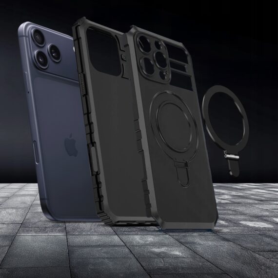 Etui do iPhone 17 Pro, pancerne, z osłoną aparatu i metalową podstawką MagSafe, czarne (7)