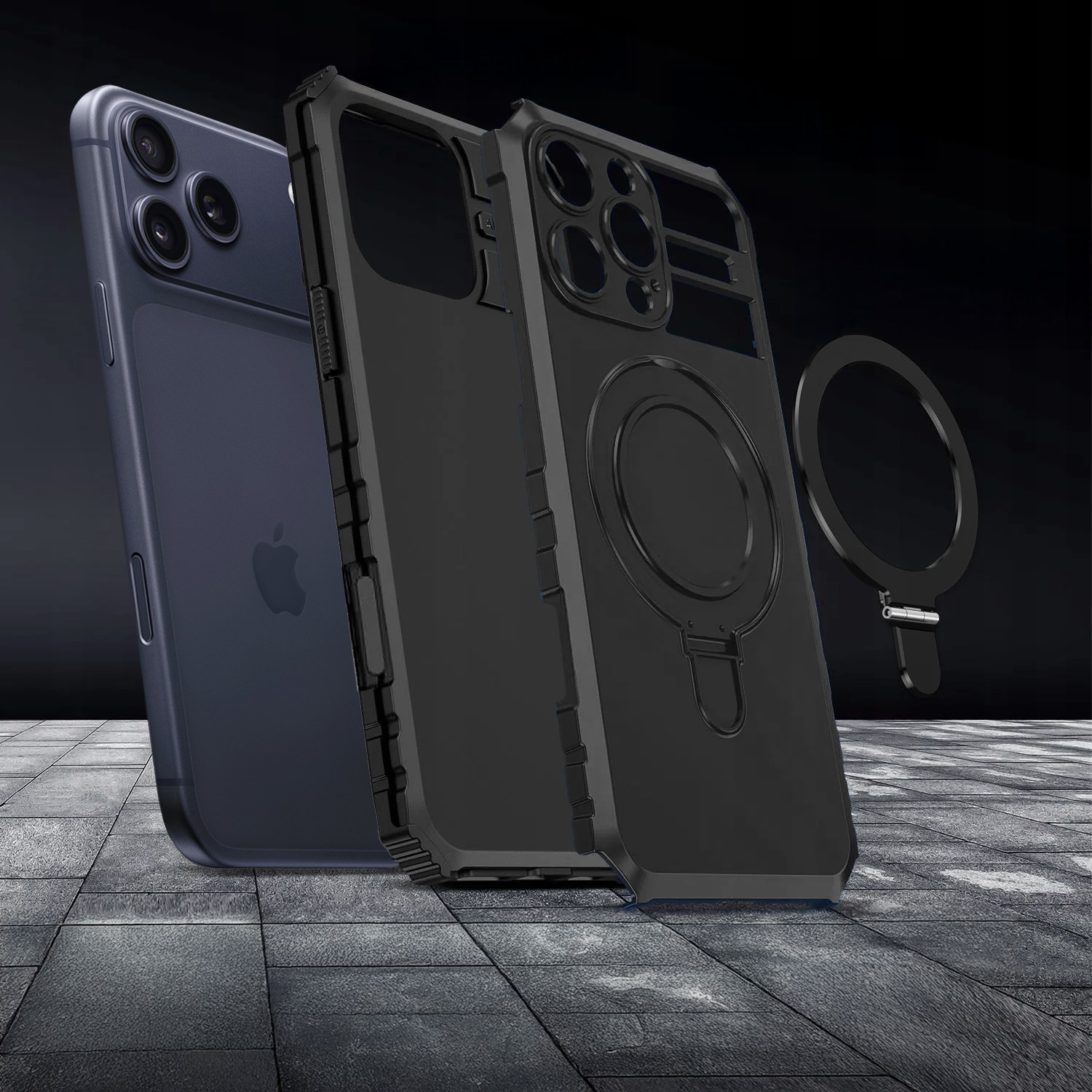 Etui do iPhone 17 Pro, pancerne, z osłoną aparatu i metalową podstawką MagSafe, czarne (7)