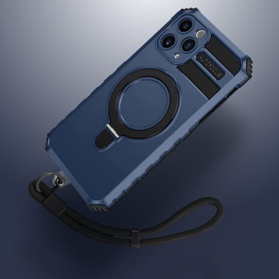 Etui do iPhone 17 Pro, pancerne, z osłoną aparatu i metalową podstawką MagSafe, granatowe (5)