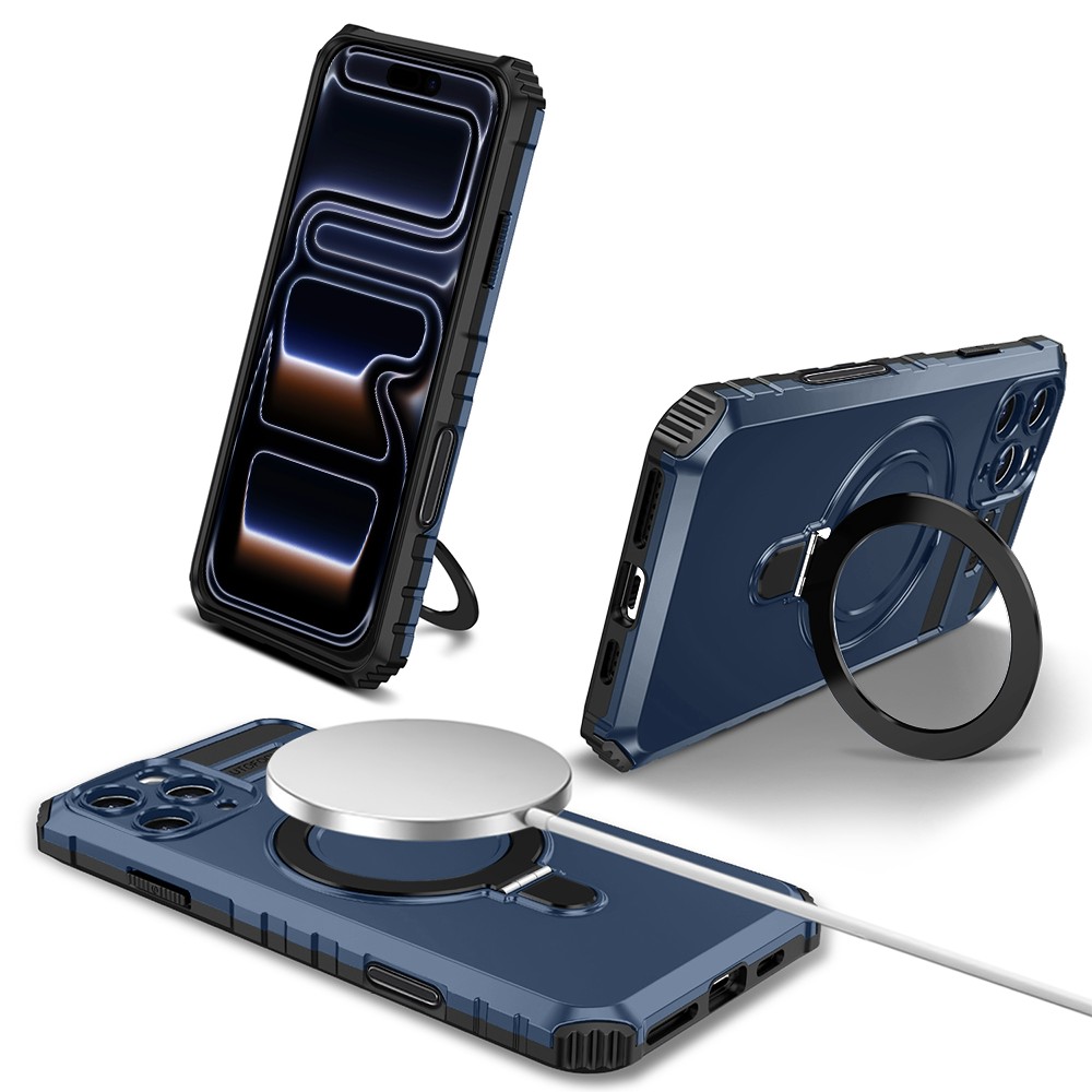 Etui do iPhone 17 Pro, pancerne, z osłoną aparatu i metalową podstawką MagSafe, granatowe (6)