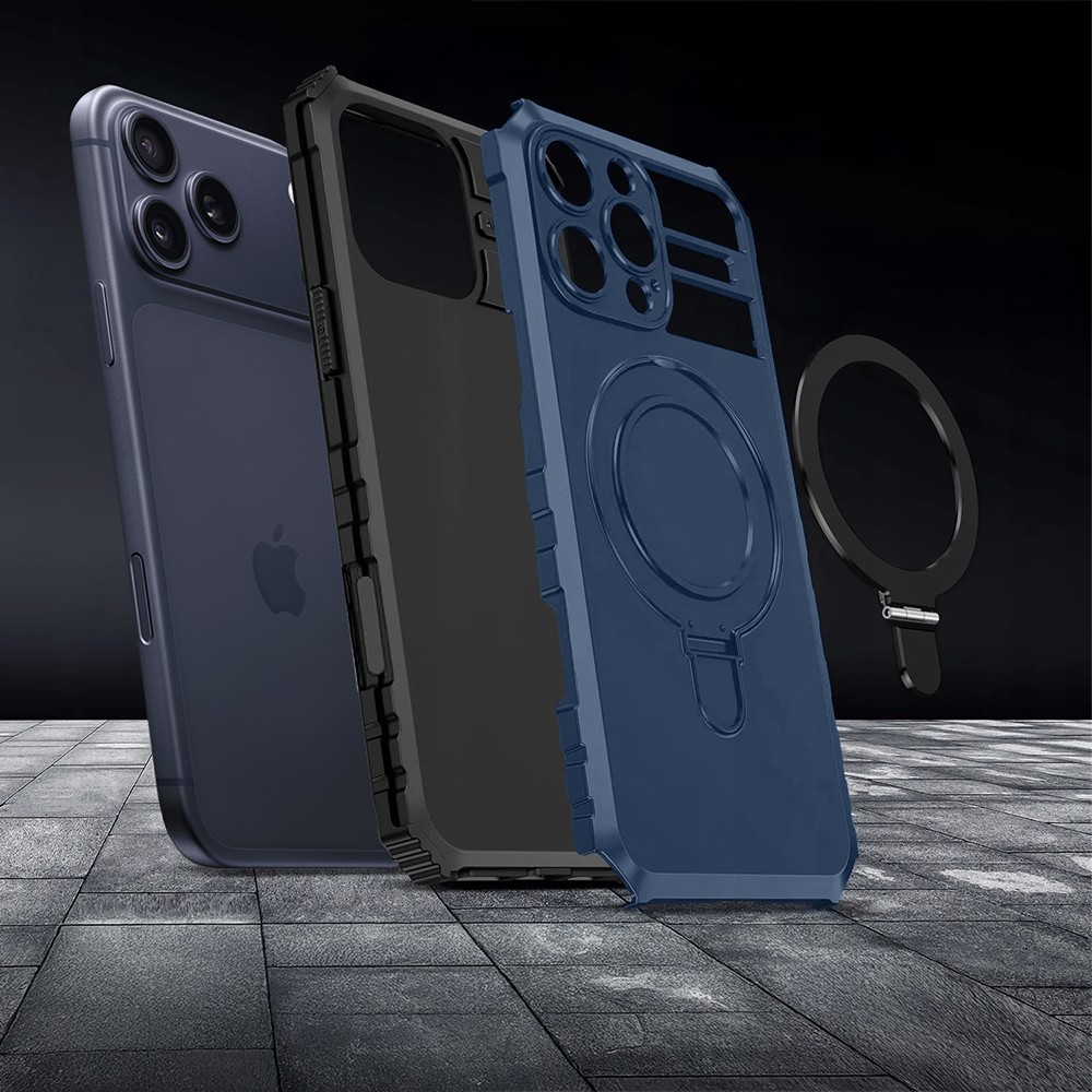 Etui do iPhone 17 Pro, pancerne, z osłoną aparatu i metalową podstawką MagSafe, granatowe (7)